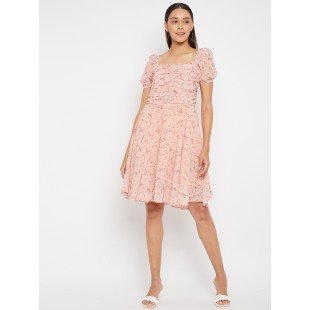 Women Peach Floral Print Fit and Flare Dress Women Peach Floral Print Fit and Flare Dress