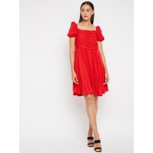 Women Red Solid Fit and Flare Dress Women Red Solid Fit and Flare Dress