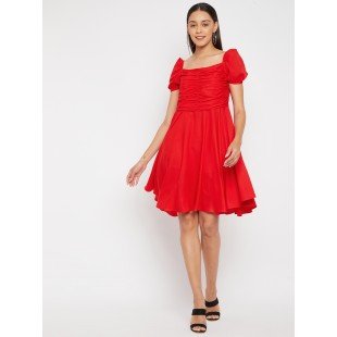 Women Red Solid Fit and Flare Dress Women Red Solid Fit and Flare Dress