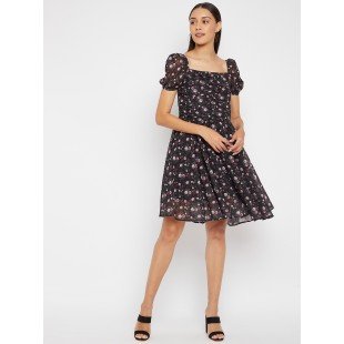 Women Black Floral  Fit and Flare Dress Women Black Floral  Fit and Flare Dress