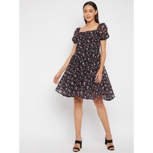 Women Black Floral  Fit and Flare Dress Women Black Floral  Fit and Flare Dress