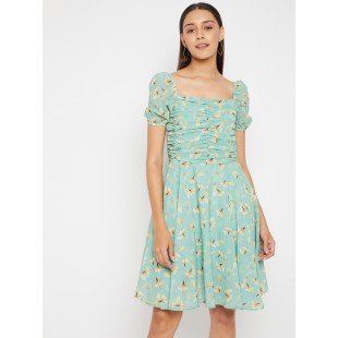 Women Mint Green Floral  Fit and Flare Dress Women Mint Green Floral  Fit and Flare Dress