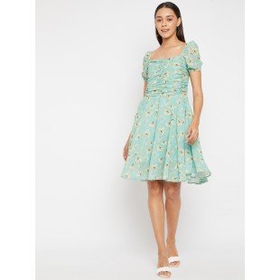 Women Mint Green Floral  Fit and Flare Dress Women Mint Green Floral  Fit and Flare Dress