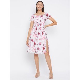 Women White with Pink Floral Print Fit and Flare Dress Women White with Pink Floral Print Fit and Flare Dress