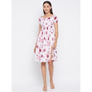 Women White with Pink Floral Print Fit and Flare Dress Women White with Pink Floral Print Fit and Flare Dress