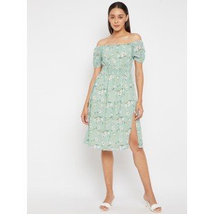 Women Mint Green Floral Print Fit and Flare Dress Women Mint Green Floral Print Fit and Flare Dress