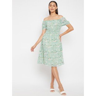 Women Mint Green Floral Print Fit and Flare Dress Women Mint Green Floral Print Fit and Flare Dress