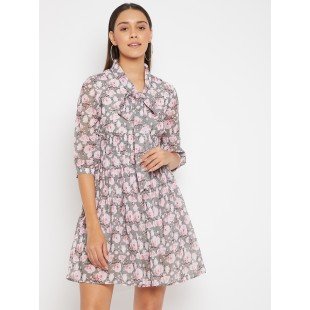 Women Grey with Pink Floral Print Fit and Flare Dress Women Grey with Pink Floral Print Fit and Flare Dress
