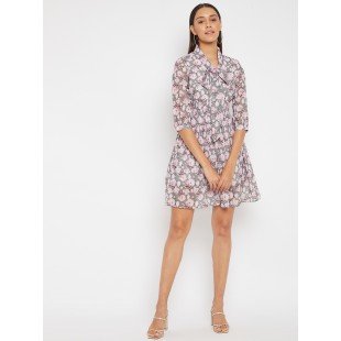 Women Grey with Pink Floral Print Fit and Flare Dress Women Grey with Pink Floral Print Fit and Flare Dress