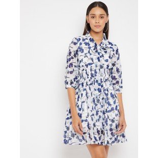Women White with Blue Floral Print Fit and Flare Dress Women White with Blue Floral Print Fit and Flare Dress