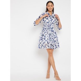 Women White with Blue Floral Print Fit and Flare Dress Women White with Blue Floral Print Fit and Flare Dress
