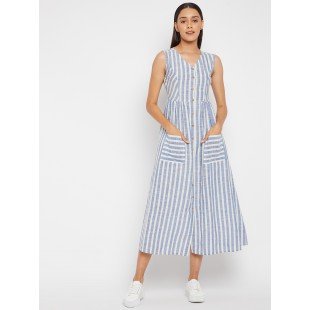 Women Blue White Stripe Cotton Midi Dress Women Blue White Stripe Cotton Midi Dress