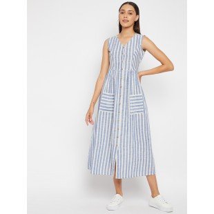 Women Blue White Stripe Cotton Midi Dress Women Blue White Stripe Cotton Midi Dress