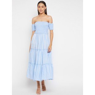 Women Blue White Stripe Off Shoulder Cotton Maxi Dress Women Blue White Stripe Off Shoulder Cotton Maxi Dress
