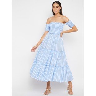 Women Blue White Stripe Off Shoulder Cotton Maxi Dress Women Blue White Stripe Off Shoulder Cotton Maxi Dress
