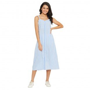 Women Blue and White Stripe Fit and Flare Midi Dress Women Blue and White Stripe Fit and Flare Midi Dress