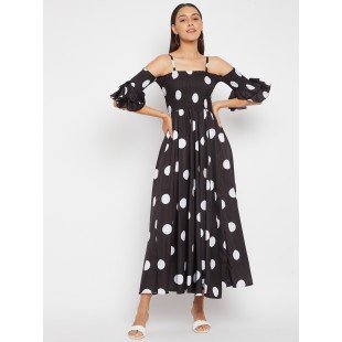 Women Black Base and White Polka Dot Printed Maxi Dress Women Black Base and White Polka Dot Printed Maxi Dress