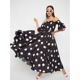 Women Black Base and White Polka Dot Printed Maxi Dress Women Black Base and White Polka Dot Printed Maxi Dress