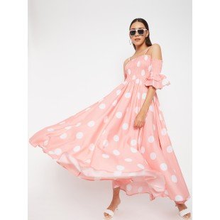 Women Pink Base and White Polka Dot Printed Maxi Dress Women Pink Base and White Polka Dot Printed Maxi Dress