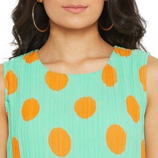 Women Sea Green Polka Dot Accordion Pleated A-line Dress Women Sea Green Polka Dot Accordion Pleated A-line Dress