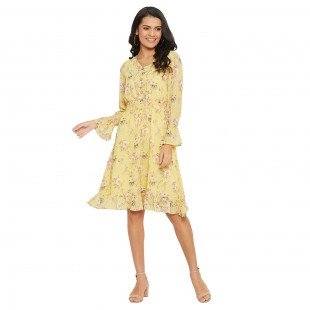 Women Lemon Floral Print Smocked A-line Dress Women Lemon Floral Print Smocked A-line Dress