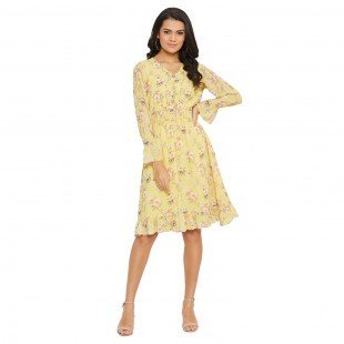 Women Lemon Floral Print Smocked A-line Dress Women Lemon Floral Print Smocked A-line Dress