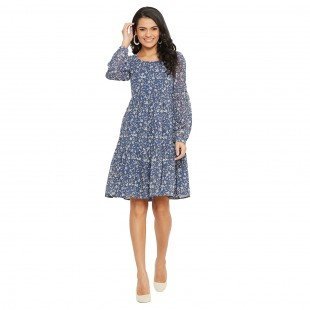 Women Blue Print Tiered A-Line Dress Women Blue Print Tiered A-Line Dress