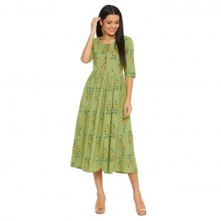 Women Green Printed Ethnic A-line Dress Women Green Printed Ethnic A-line Dress
