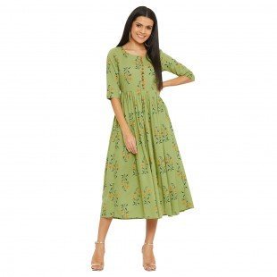 Women Green Printed Ethnic A-line Dress Women Green Printed Ethnic A-line Dress