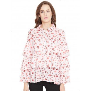 White Printed Ruffle layer Shirt  White Printed Ruffle layer Shirt