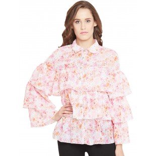 White floral Printed Ruffle layer Shirt  White floral Printed Ruffle layer Shirt