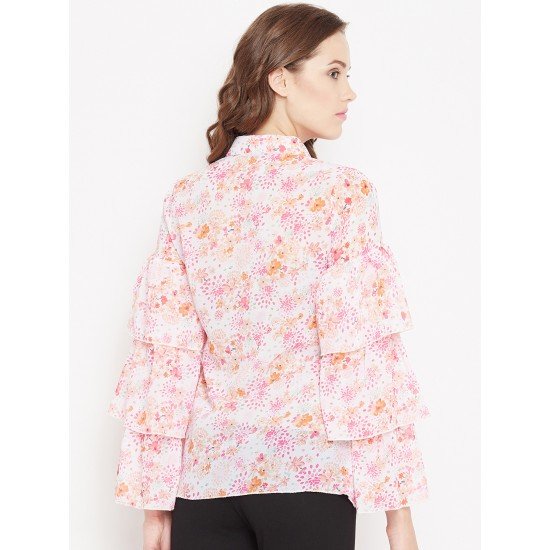 White floral Printed Ruffle layer Shirt 