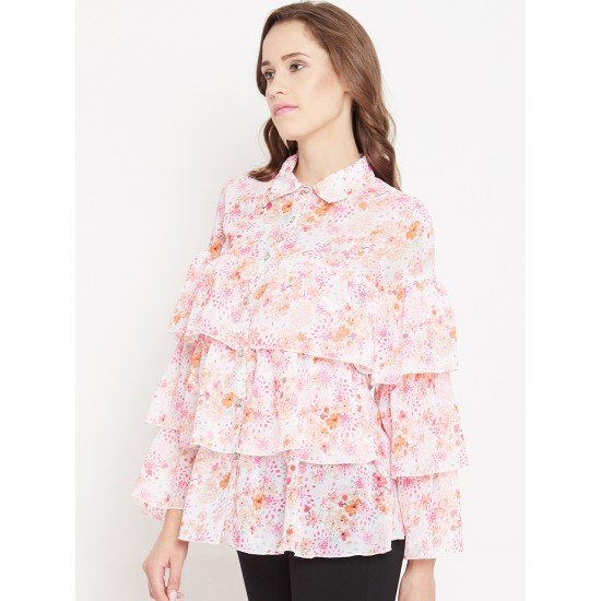 White floral Printed Ruffle layer Shirt 