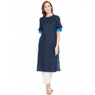 Women's Blue Ethnic Motif Printed Mid Length Layed Kurta