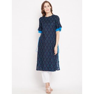 Women's Blue Ethnic Motif Printed Mid Length Layed Kurta