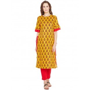 Women's Yellow Ethnic Motif Printed Mid Length Layed Kurta Women's Yellow Ethnic Motif Printed Mid Length Layed Kurta