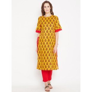 Women's Yellow Ethnic Motif Printed Mid Length Layed Kurta Women's Yellow Ethnic Motif Printed Mid Length Layed Kurta