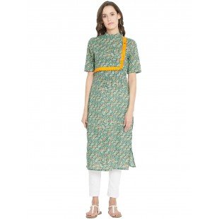 Women's Green Multicolor Froral Printed Asymmetric Placket Mid Length Kurta