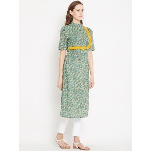 Women's Green Multicolor Froral Printed Asymmetric Placket Mid Length Kurta Women's Green Multicolor Froral Printed Asymmetric Placket Mid Length Kurta