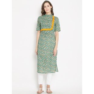 Women's Green Multicolor Froral Printed Asymmetric Placket Mid Length Kurta