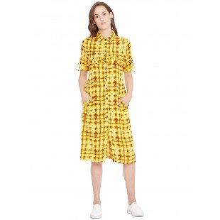 Women's Yellow Shibori print knee length Ruffle shirt dress 
