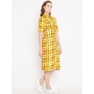 Women's Yellow Shibori print knee length Ruffle shirt dress 