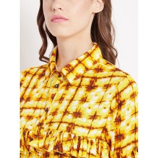 Women's Yellow Shibori print knee length Ruffle shirt dress 