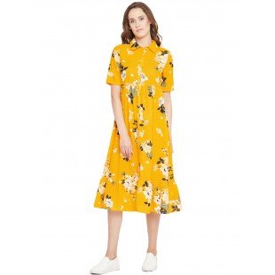 Women's Yellow Floral print Flare Shirt Dress 