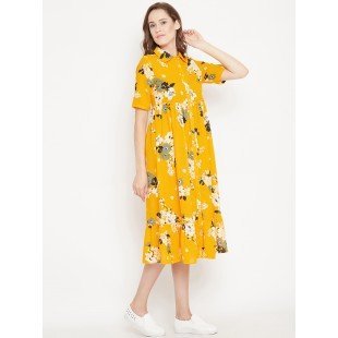 Women's Yellow Floral print Flare Shirt Dress 