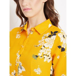Women's Yellow Floral print Flare Shirt Dress 