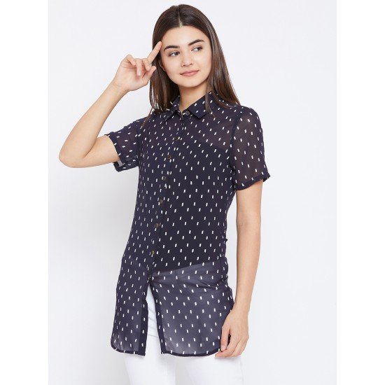 Navy Blue printed shrug as shirt style Navy Blue printed shrug as shirt style