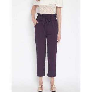 Women's solid plum pleated high waist trouser  Women's solid plum pleated high waist trouser