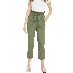 Women's solid olive pleated high waist trouser  Women's solid olive pleated high waist trouser