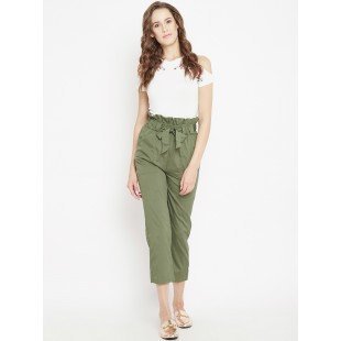 Women's solid olive pleated high waist trouser 